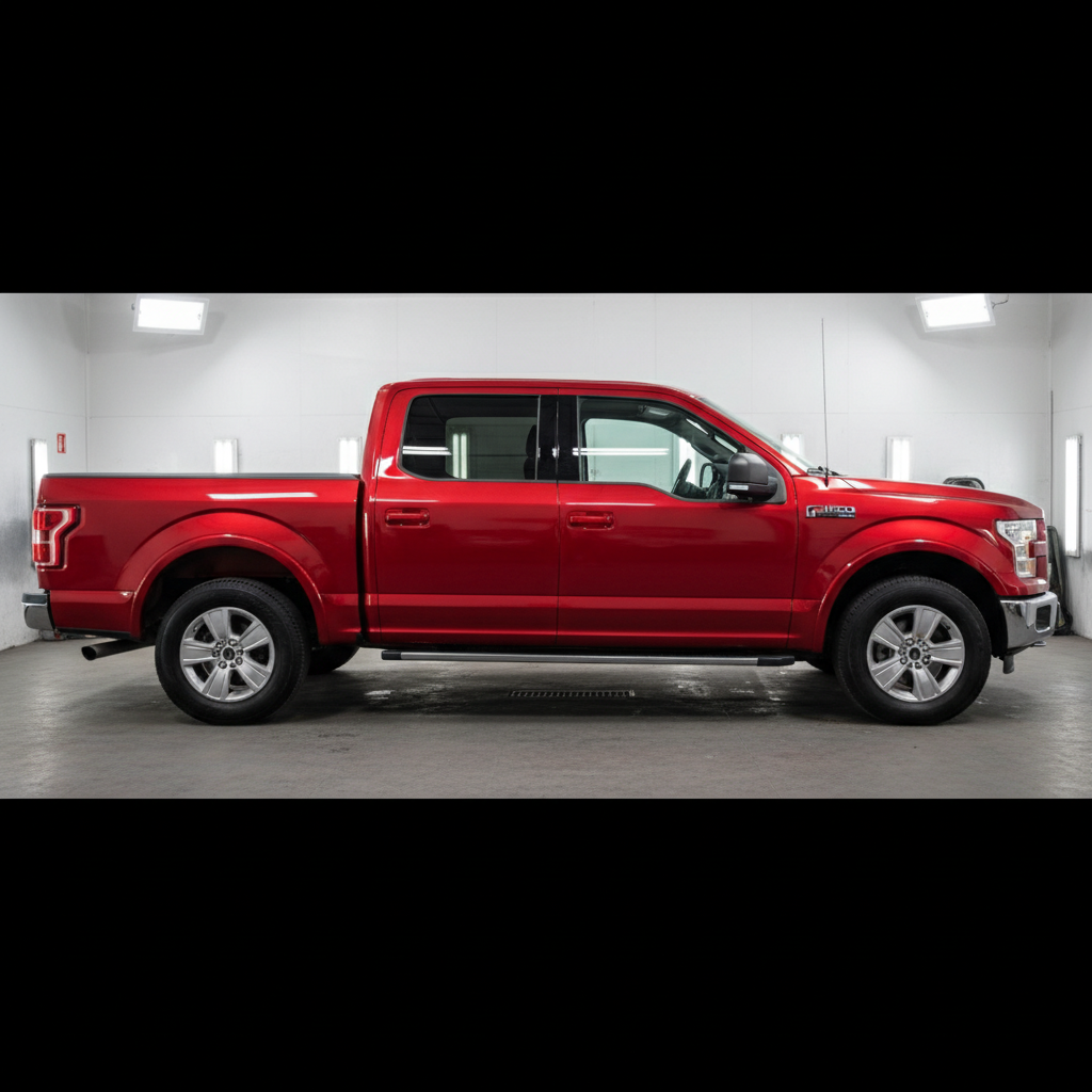 2015 Ford F-150 red — full paint correction complete, deep vibrant red, glossy showroom finish
