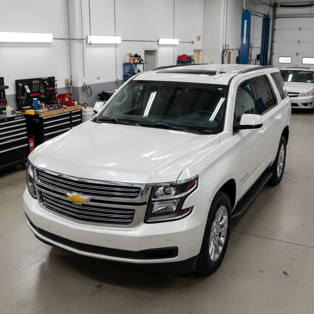 2021 Chevy Tahoe white — hood perfectly smooth after paintless dent repair, flawless white paint