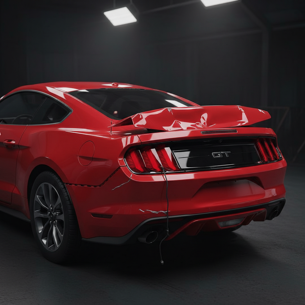2018 Ford Mustang red — severe rear-end collision, smashed bumper, crumpled trunk, broken taillight