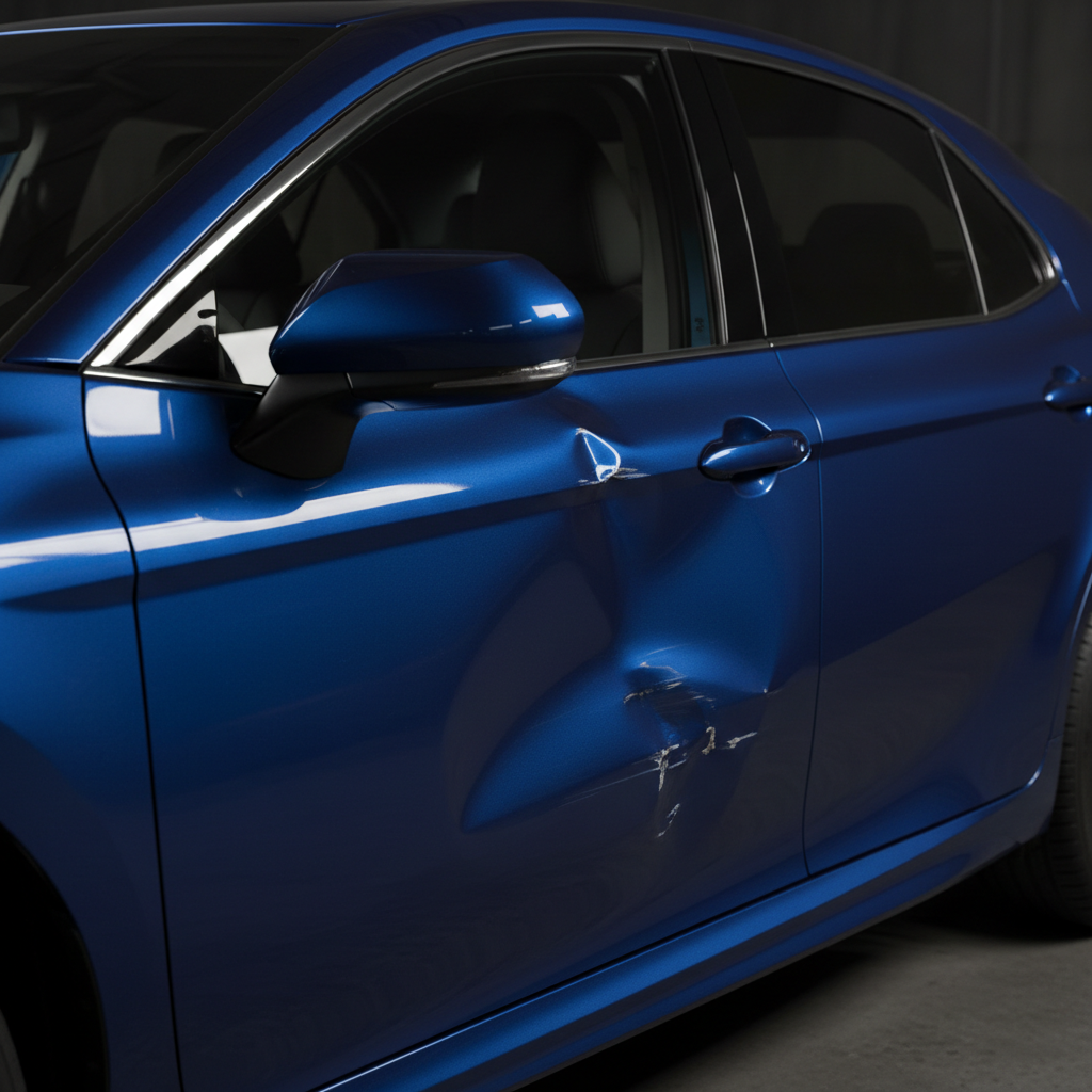 2020 Toyota Camry blue — deep side-impact door panel damage, caved metal, cracked paint
