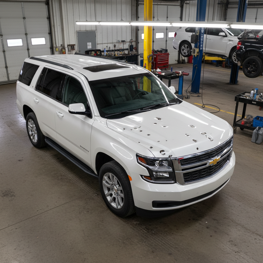 2021 Chevy Tahoe white — hood and roof covered in dozens of deep hail dents