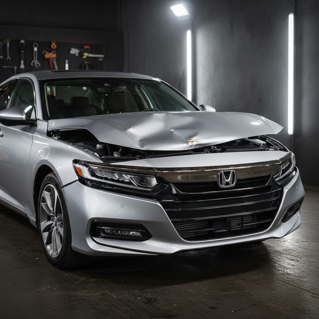 2019 Honda Accord silver — severe front-end collision damage, crumpled hood, shattered headlight