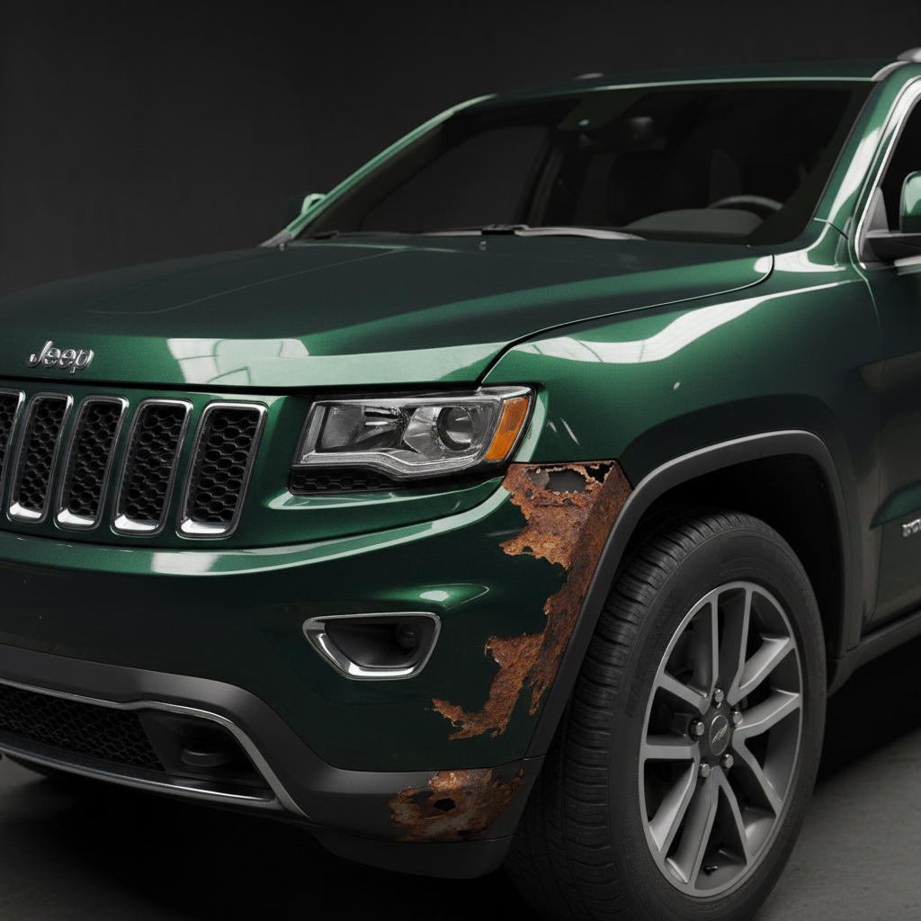 2016 Jeep Grand Cherokee green — front fender with severe rust holes and collision damage