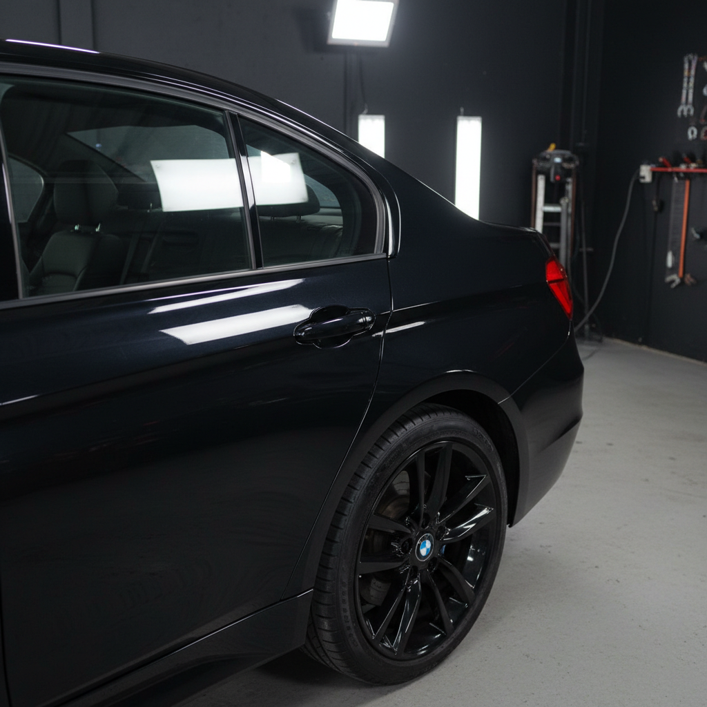 2017 BMW 3 Series black — quarter panel fully repaired, flawless gloss black paint, no rust