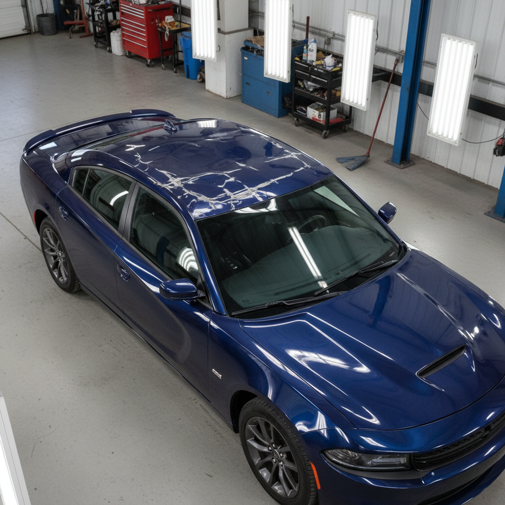 2020 Dodge Charger navy blue — roof crushed and buckled from rollover, deep creases, bent pillar