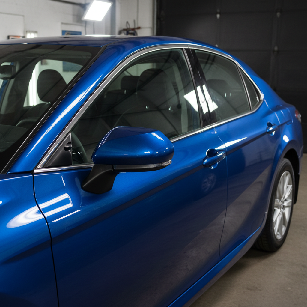 2020 Toyota Camry blue — door panel fully repaired, smooth surface, flawless color-matched blue