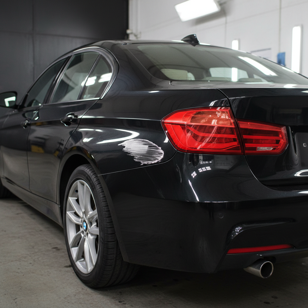 2017 BMW 3 Series black — deep scrape gouge on rear quarter panel, bare metal exposed, rust forming