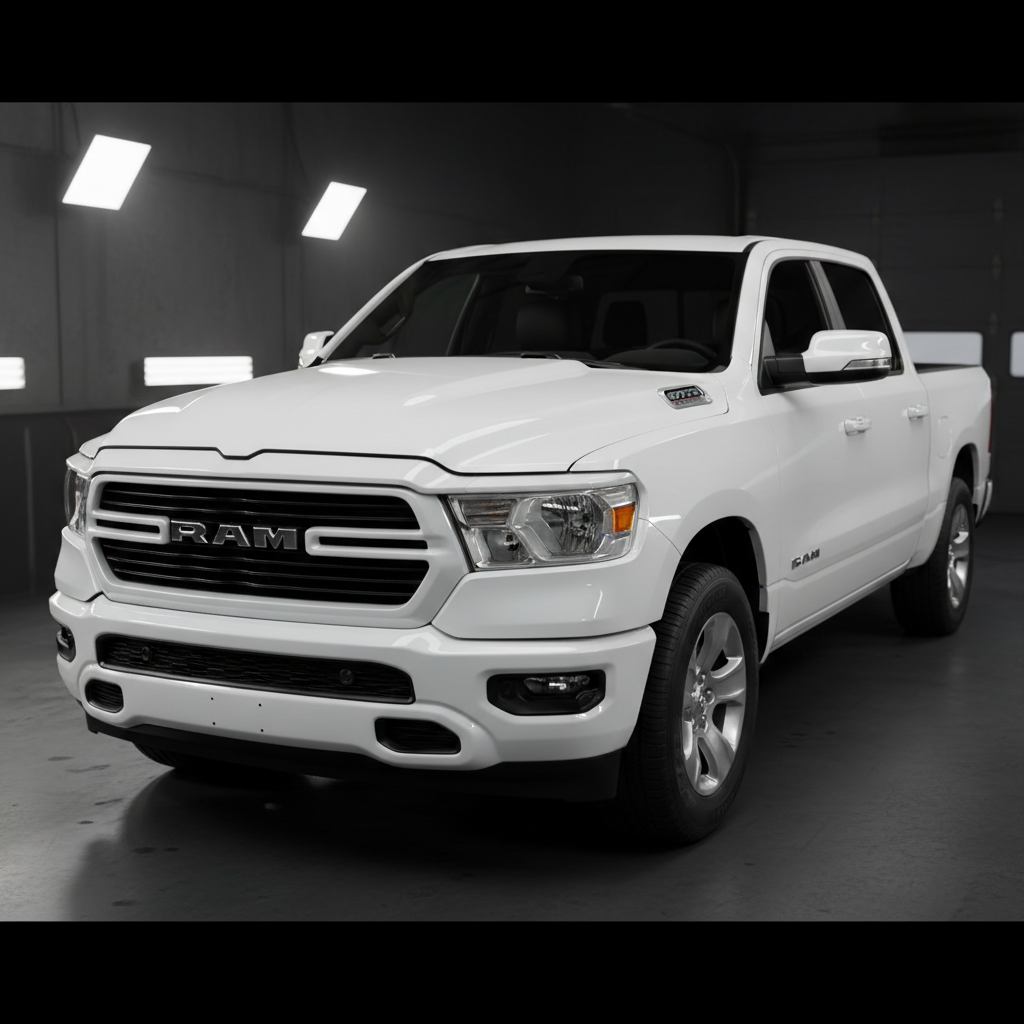 2022 RAM 1500 white — fully repaired, new grille, smooth hood, new headlight, flawless white paint