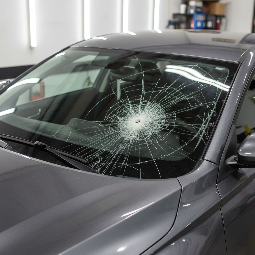 2019 Nissan Altima gray — large spider-web crack across windshield from collision impact