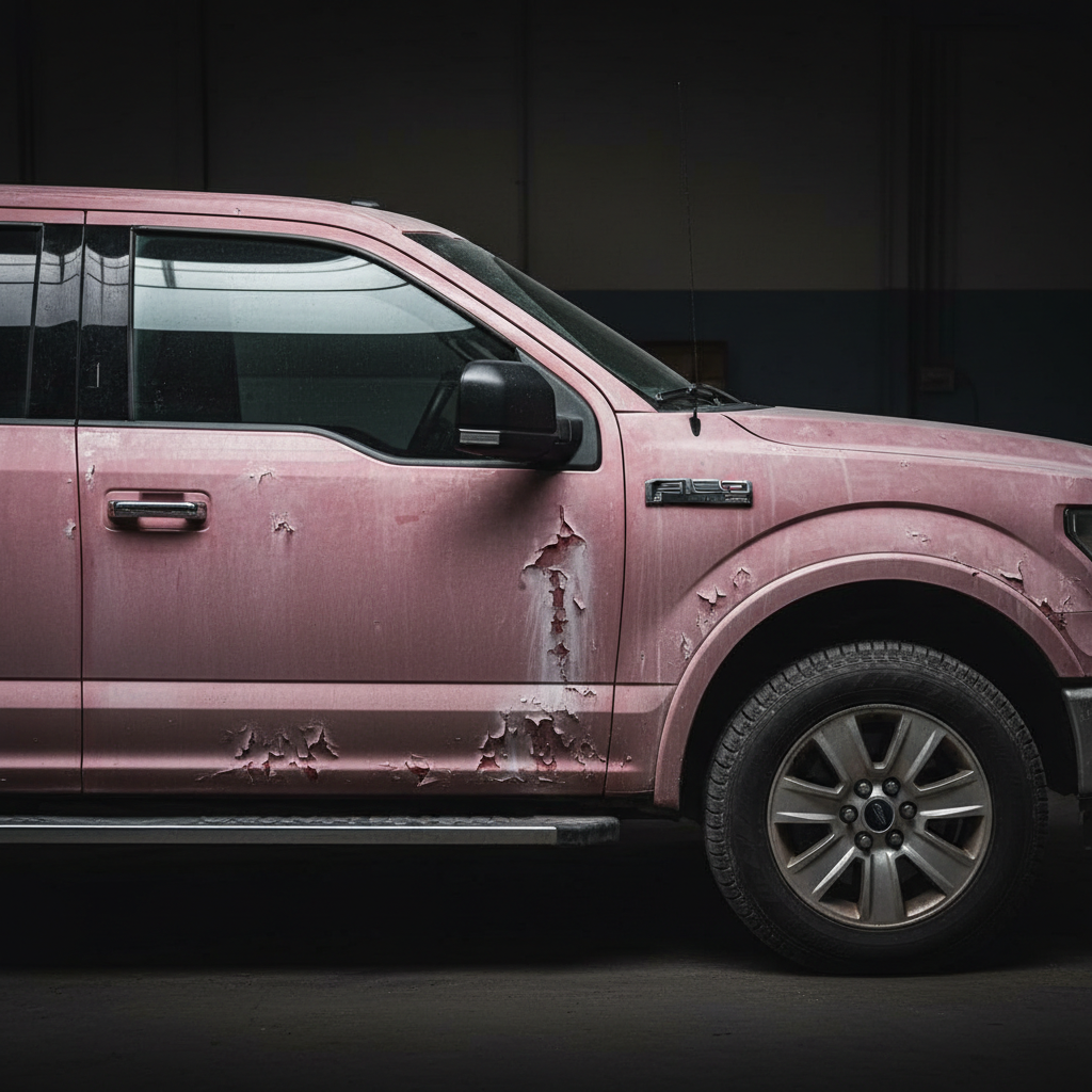 2015 Ford F-150 red — severely oxidized faded paint, chalky surface, clear coat failed and peeling