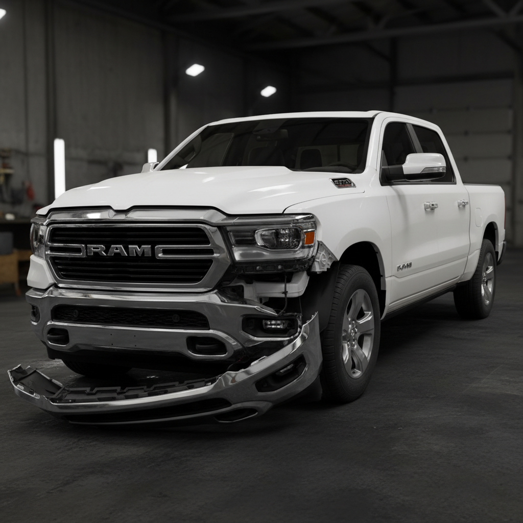 2022 RAM 1500 white — severe front-end collision, demolished grille, crumpled hood, destroyed headlight